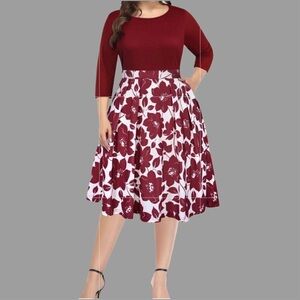 NWT Pinup Fashion Womens Fit and Flare Red Floral Dress / Sz 14